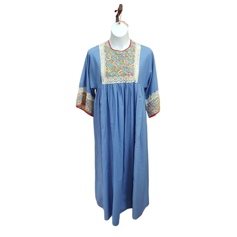 Vintage 1960's- 70's Blue Boho Prisu Caftan Blue Embroidered Dress: M-L